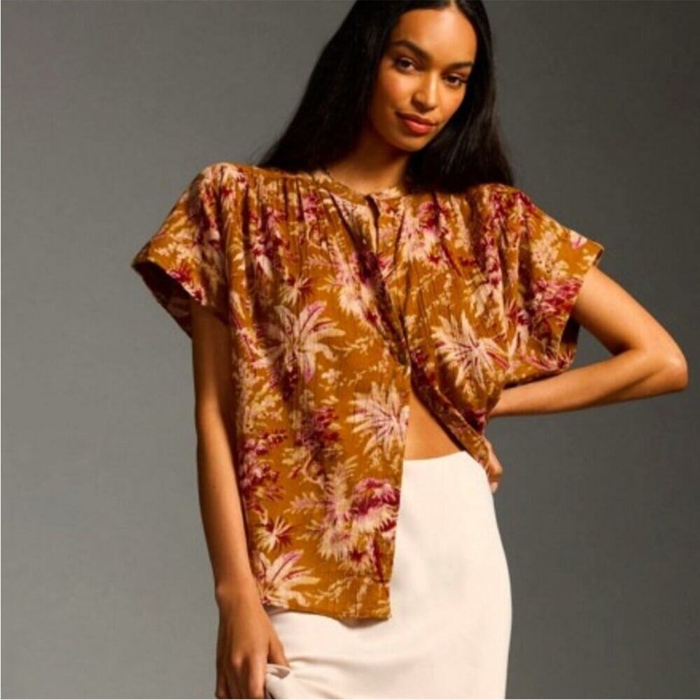 Anthropologie‎ Pilcro Short Sleeve Batwing Floral Button Up Blouse S/M